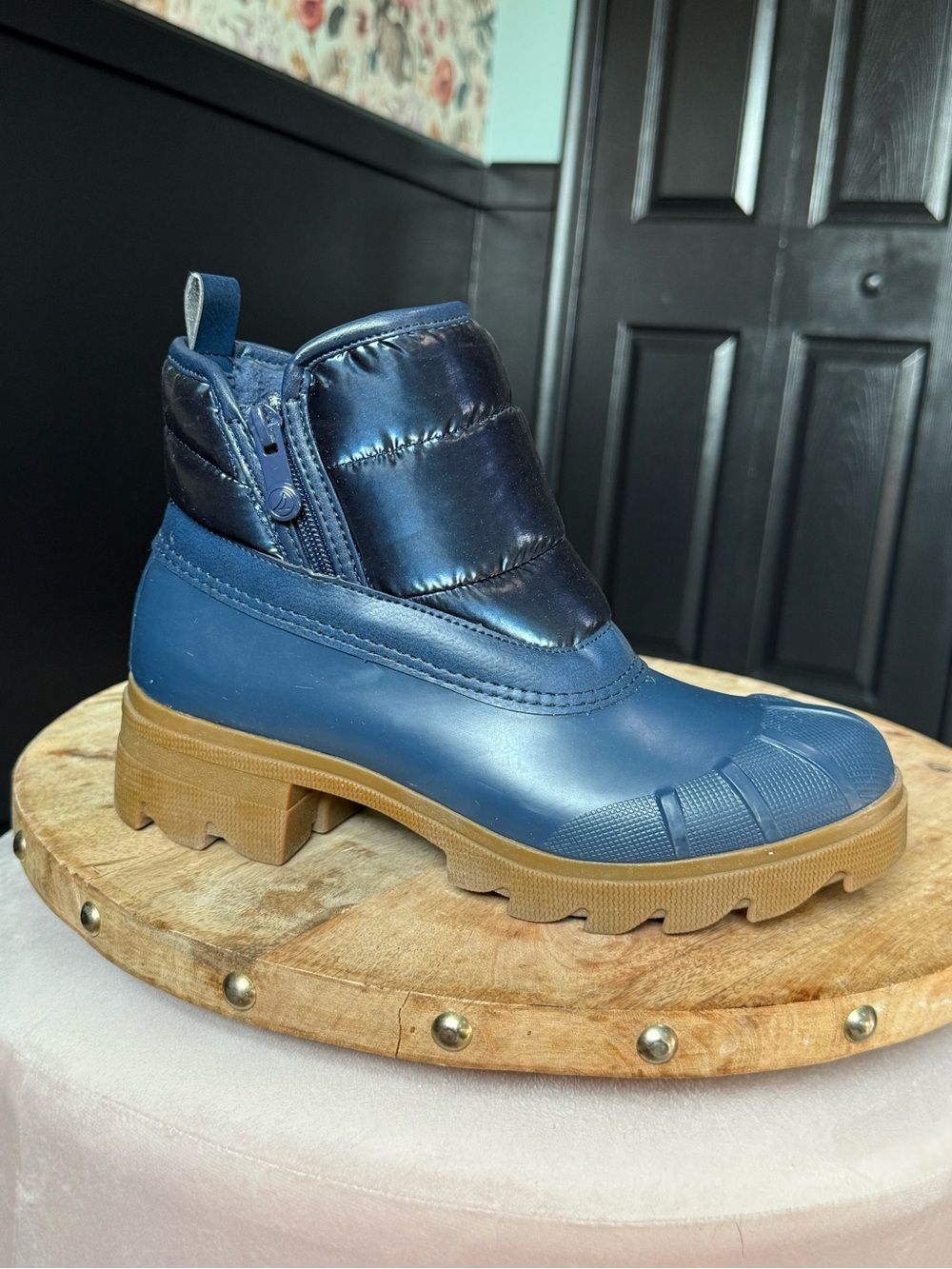 Sperry Navy Quilted Rain Ankle Boots with Gum Lug Sole